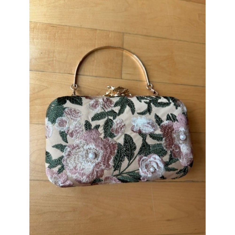 Floral Embroidered Evening Clutch Bag Gold Handle Pearl Accent Wedding Guest